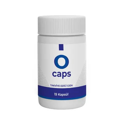 O Caps göz kapsülü, mavi «O» harfli 15 kapsüllük beyaz şişe