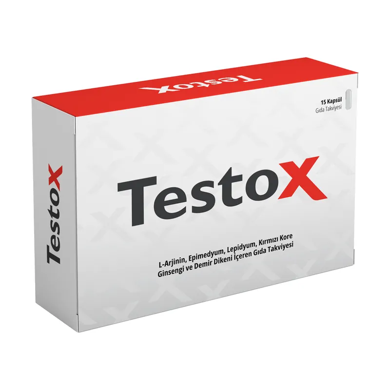 Testox erkek kapsülü, kırmızı kenarlı beyaz kutu, 15 kapsül